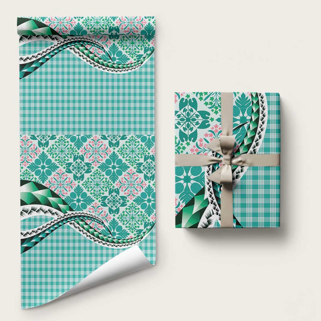 Aloha Vintage Palaka Floral Hawaiian Quilt Wrapping Paper Polu Motif LT9 58" × 23" Turquoise - Polynesian Pride
