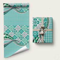 Aloha Vintage Palaka Floral Hawaiian Quilt Wrapping Paper Polu Motif LT9 58" × 23" Turquoise - Polynesian Pride