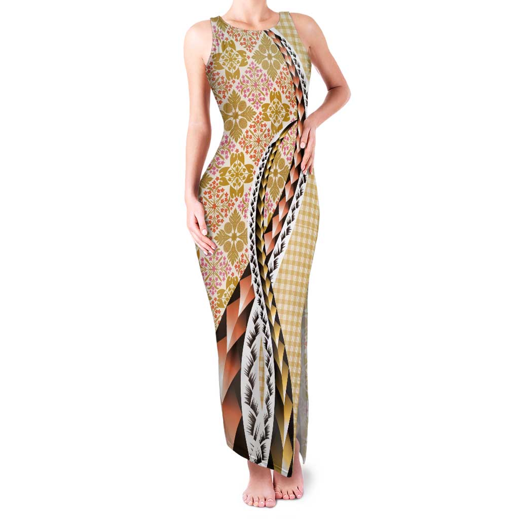 Aloha Vintage Palaka Floral Hawaiian Quilt Tank Maxi Dress Melemele Motif LT9 Women Yellow - Polynesian Pride