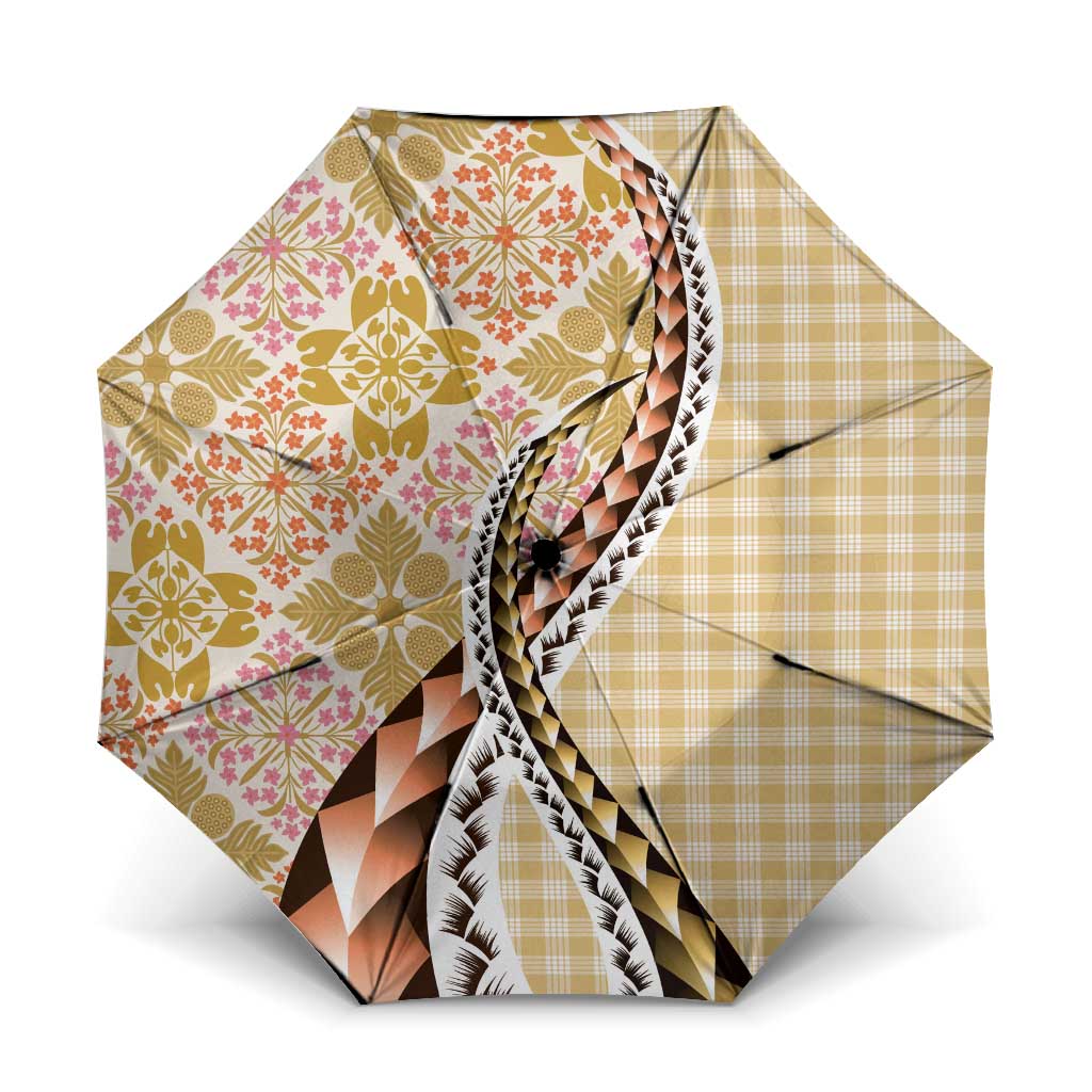 Aloha Vintage Palaka Floral Hawaiian Quilt Umbrella Melemele Motif LT9 One Size Folded 11.42 inch Opened Diameter 37.4 inch Yellow - Polynesian Pride