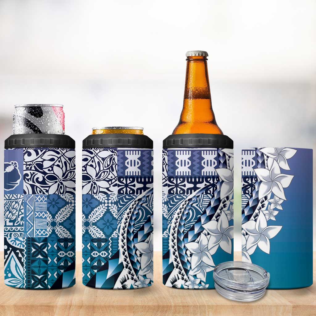 Aloha Vintage Plumeria Hawaiian Tapa Pattern 4 in 1 Can Cooler Tumbler Blue Hawaiian Tapa Pattern LT9 - Polynesian Pride