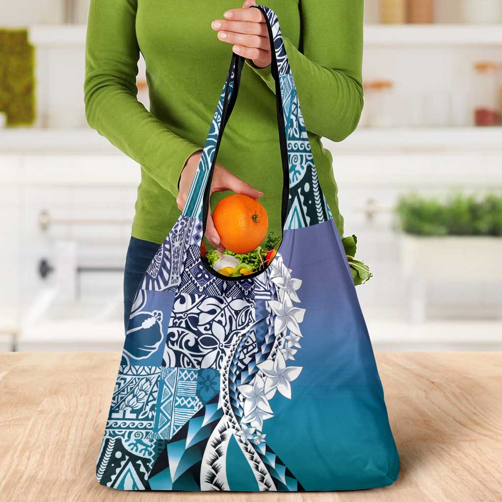 Aloha Vintage Plumeria Hawaiian Tapa Pattern Grocery Bag Blue Hawaiian Tapa Pattern LT9 - Polynesian Pride