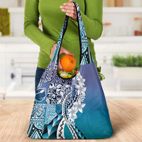 Aloha Vintage Plumeria Hawaiian Tapa Pattern Grocery Bag Blue Hawaiian Tapa Pattern LT9 - Polynesian Pride