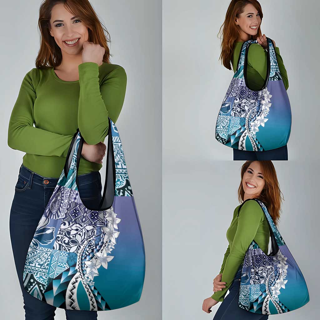 Aloha Vintage Plumeria Hawaiian Tapa Pattern Grocery Bag Blue Hawaiian Tapa Pattern LT9 - Polynesian Pride