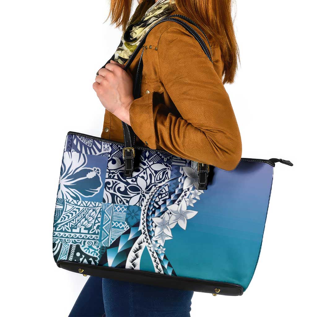 Aloha Vintage Plumeria Hawaiian Tapa Pattern Leather Tote Bag Blue Hawaiian Tapa Pattern LT9 Blue - Polynesian Pride