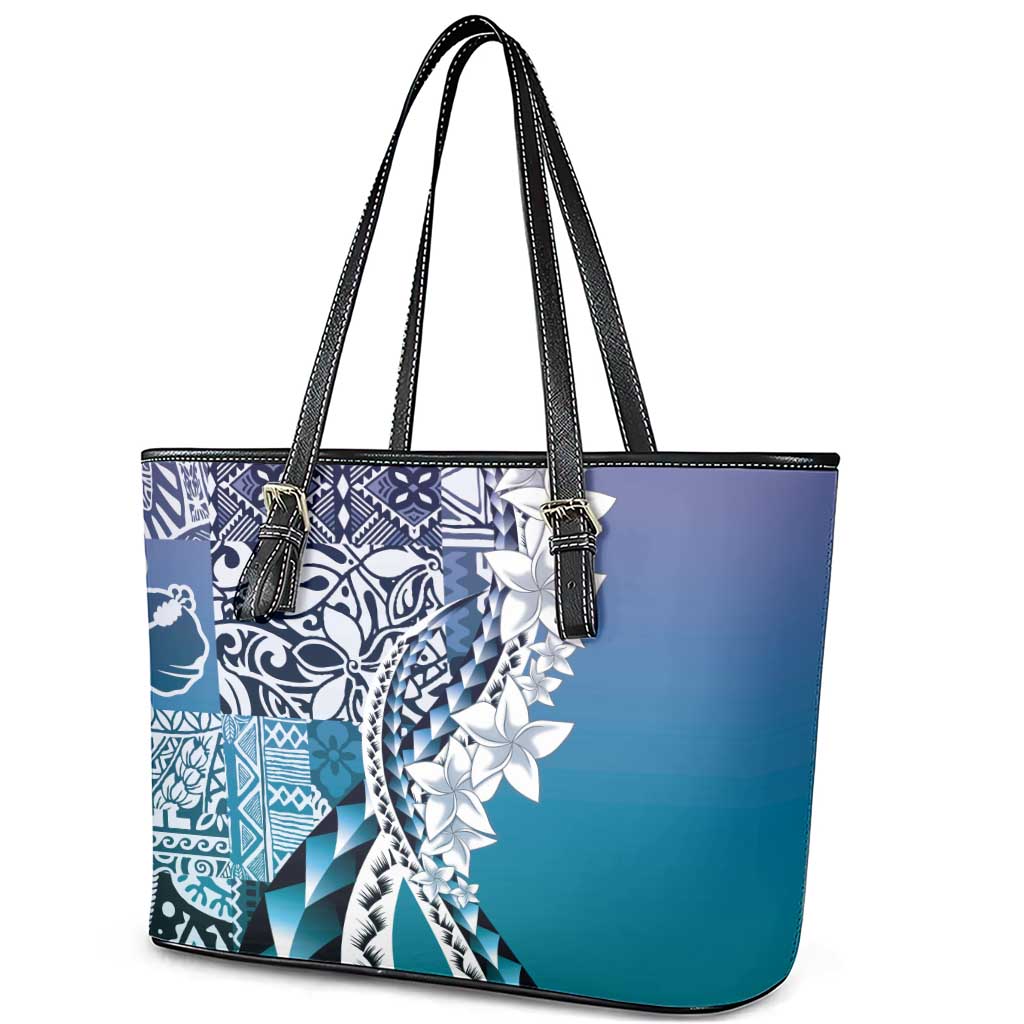 Aloha Vintage Plumeria Hawaiian Tapa Pattern Leather Tote Bag Blue Hawaiian Tapa Pattern LT9 - Polynesian Pride