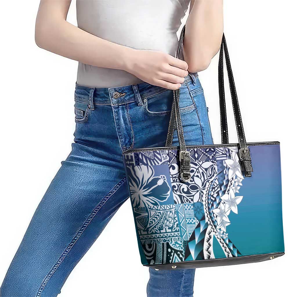 Aloha Vintage Plumeria Hawaiian Tapa Pattern Leather Tote Bag Blue Hawaiian Tapa Pattern LT9 - Polynesian Pride