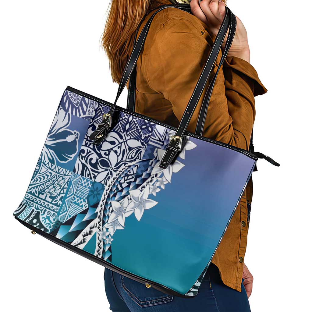 Aloha Vintage Plumeria Hawaiian Tapa Pattern Leather Tote Bag Blue Hawaiian Tapa Pattern LT9 - Polynesian Pride
