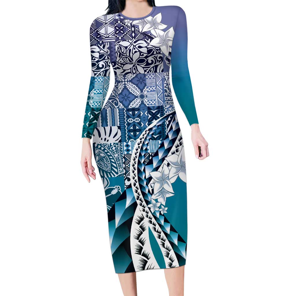 Aloha Vintage Plumeria Hawaiian Tapa Pattern Long Sleeve Bodycon Dress Blue Hawaiian Tapa Pattern LT9 Long Dress Blue - Polynesian Pride