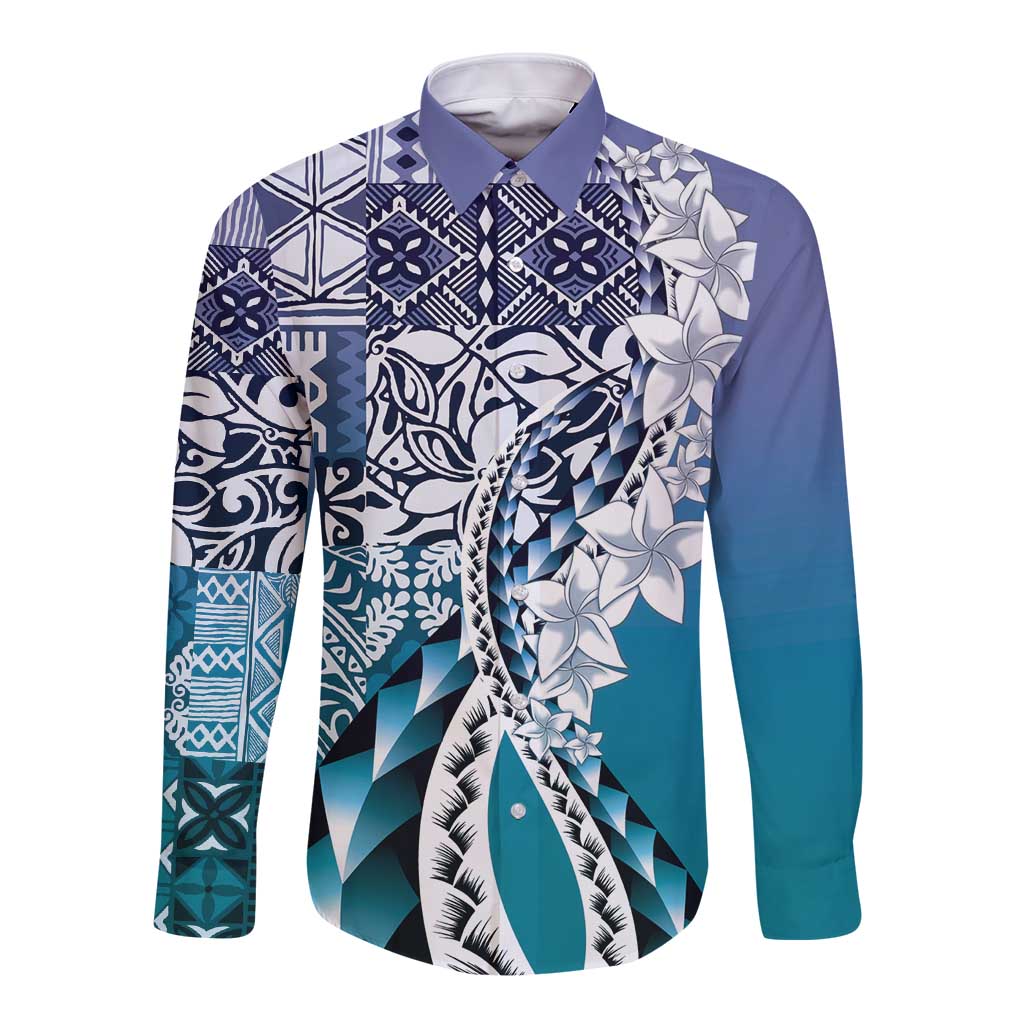 Aloha Vintage Plumeria Hawaiian Tapa Pattern Long Sleeve Button Shirt Blue Hawaiian Tapa Pattern LT9 Unisex Blue - Polynesian Pride