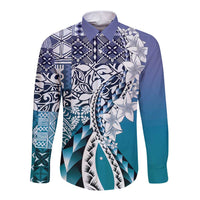 Aloha Vintage Plumeria Hawaiian Tapa Pattern Long Sleeve Button Shirt Blue Hawaiian Tapa Pattern LT9 Unisex Blue - Polynesian Pride