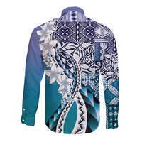 Aloha Vintage Plumeria Hawaiian Tapa Pattern Long Sleeve Button Shirt Blue Hawaiian Tapa Pattern LT9 - Polynesian Pride