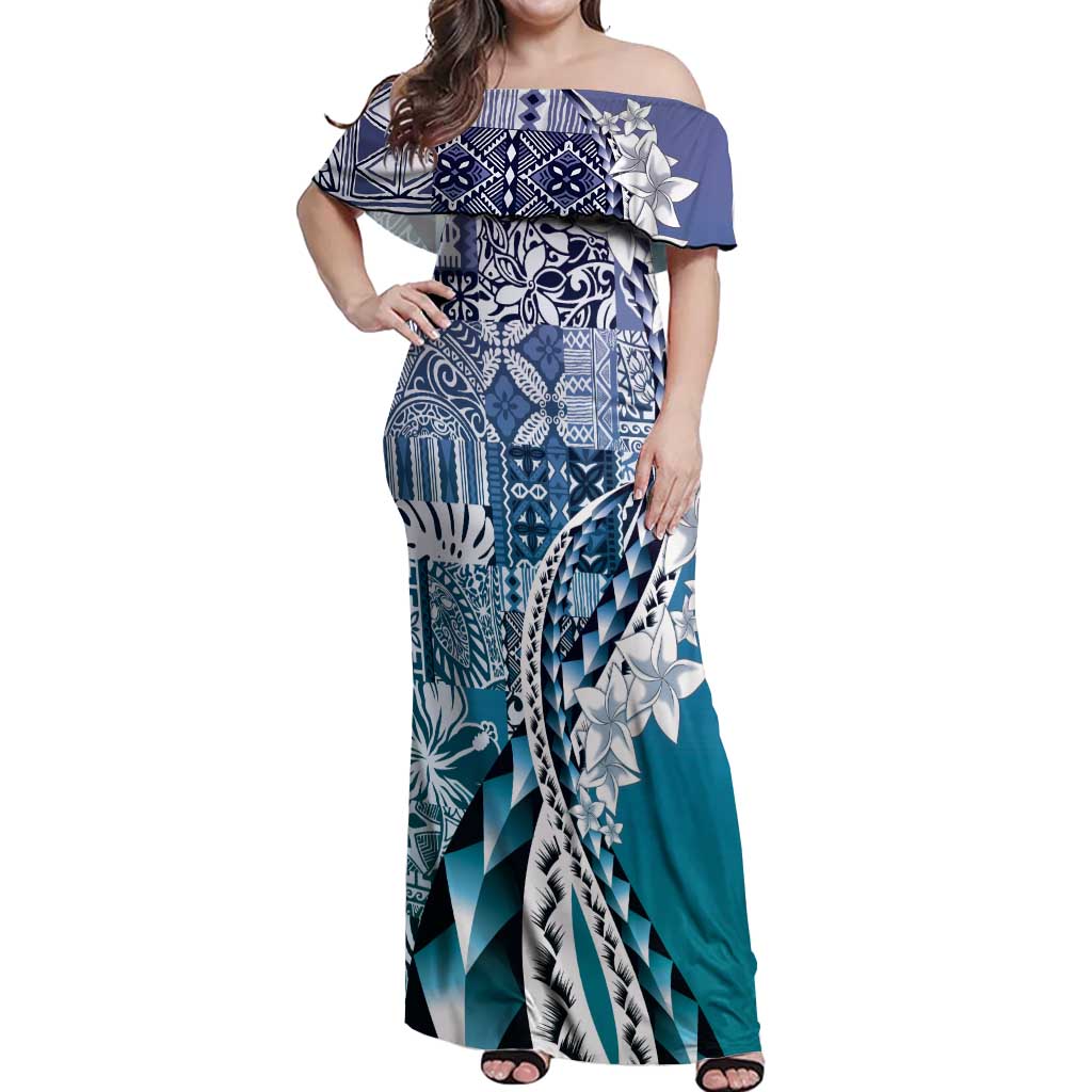 Aloha Vintage Plumeria Hawaiian Tapa Pattern Off Shoulder Maxi Dress Blue Hawaiian Tapa Pattern LT9 Women Blue - Polynesian Pride