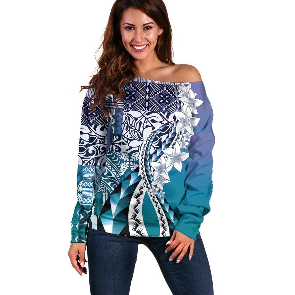 Aloha Vintage Plumeria Hawaiian Tapa Pattern Off Shoulder Sweater Blue Hawaiian Tapa Pattern LT9 Women Blue - Polynesian Pride