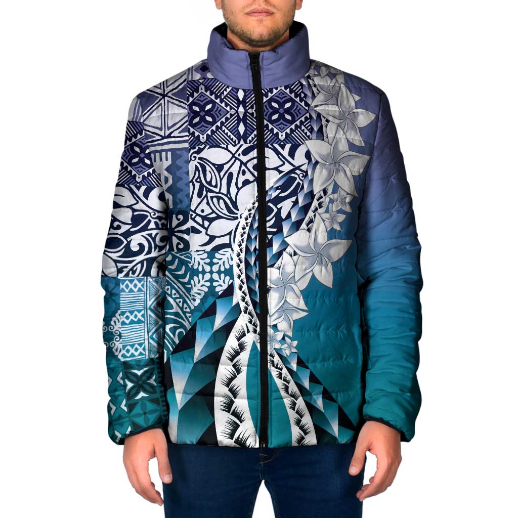 Aloha Vintage Plumeria Hawaiian Tapa Pattern Padded Jacket Blue Hawaiian Tapa Pattern LT9 Men Blue - Polynesian Pride