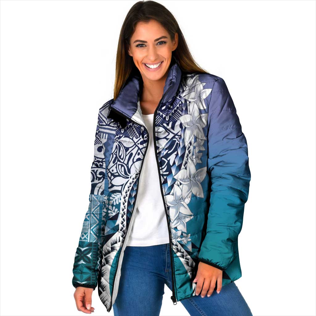 Aloha Vintage Plumeria Hawaiian Tapa Pattern Padded Jacket Blue Hawaiian Tapa Pattern LT9 Women Blue - Polynesian Pride