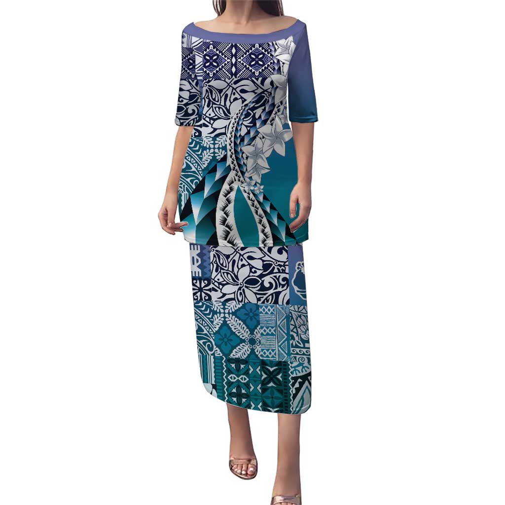 Aloha Vintage Plumeria Hawaiian Tapa Pattern Puletasi Blue Hawaiian Tapa Pattern LT9 Long Dress Blue - Polynesian Pride