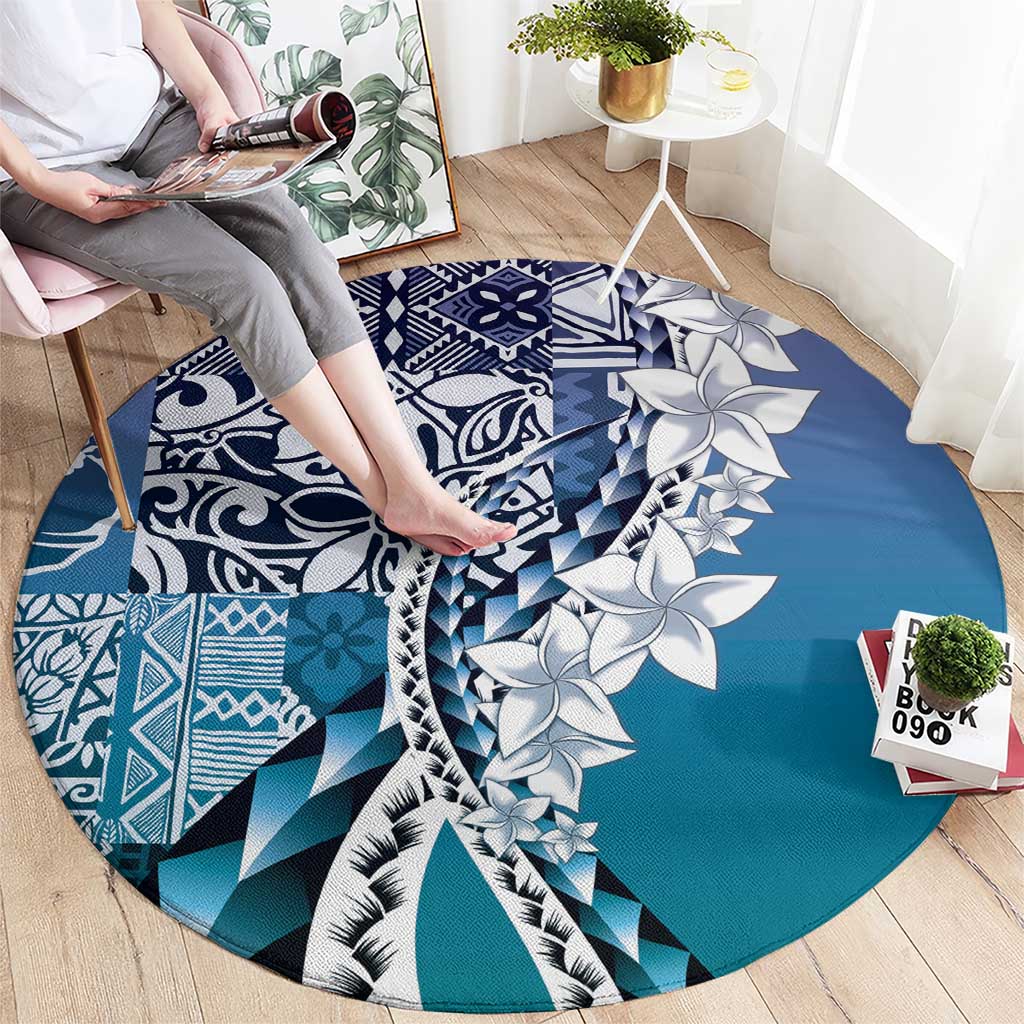Aloha Vintage Plumeria Hawaiian Tapa Pattern Round Carpet Blue Hawaiian Tapa Pattern LT9 - Polynesian Pride