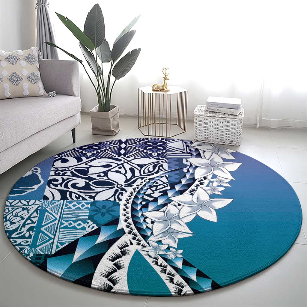 Aloha Vintage Plumeria Hawaiian Tapa Pattern Round Carpet Blue Hawaiian Tapa Pattern LT9 - Polynesian Pride