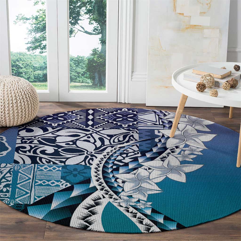 Aloha Vintage Plumeria Hawaiian Tapa Pattern Round Carpet Blue Hawaiian Tapa Pattern LT9 - Polynesian Pride