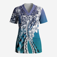 Aloha Vintage Plumeria Hawaiian Tapa Pattern Scrub Top Blue Hawaiian Tapa Pattern LT9 Adult Blue - Polynesian Pride