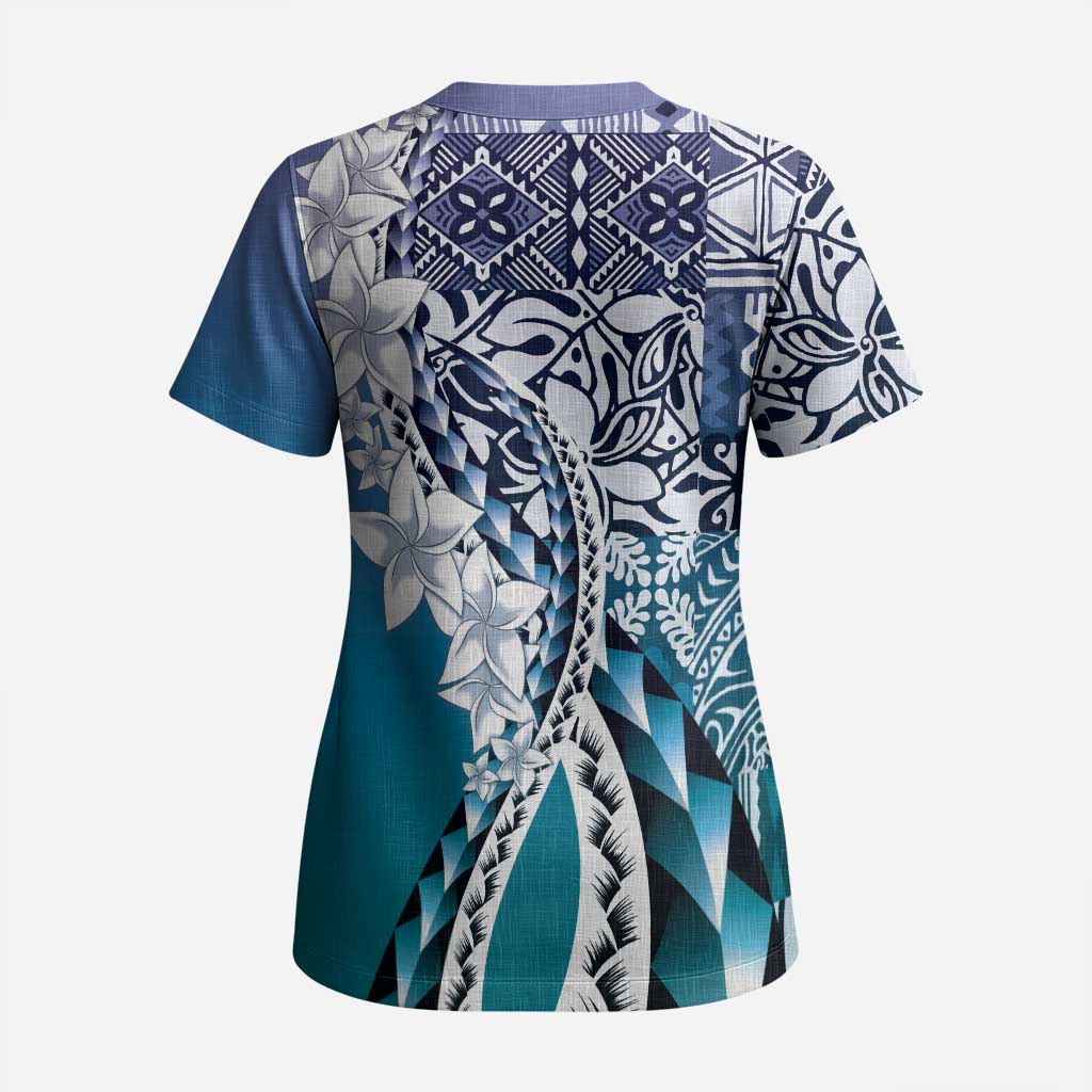 Aloha Vintage Plumeria Hawaiian Tapa Pattern Scrub Top Blue Hawaiian Tapa Pattern LT9 - Polynesian Pride