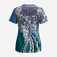 Aloha Vintage Plumeria Hawaiian Tapa Pattern Scrub Top Blue Hawaiian Tapa Pattern LT9 - Polynesian Pride