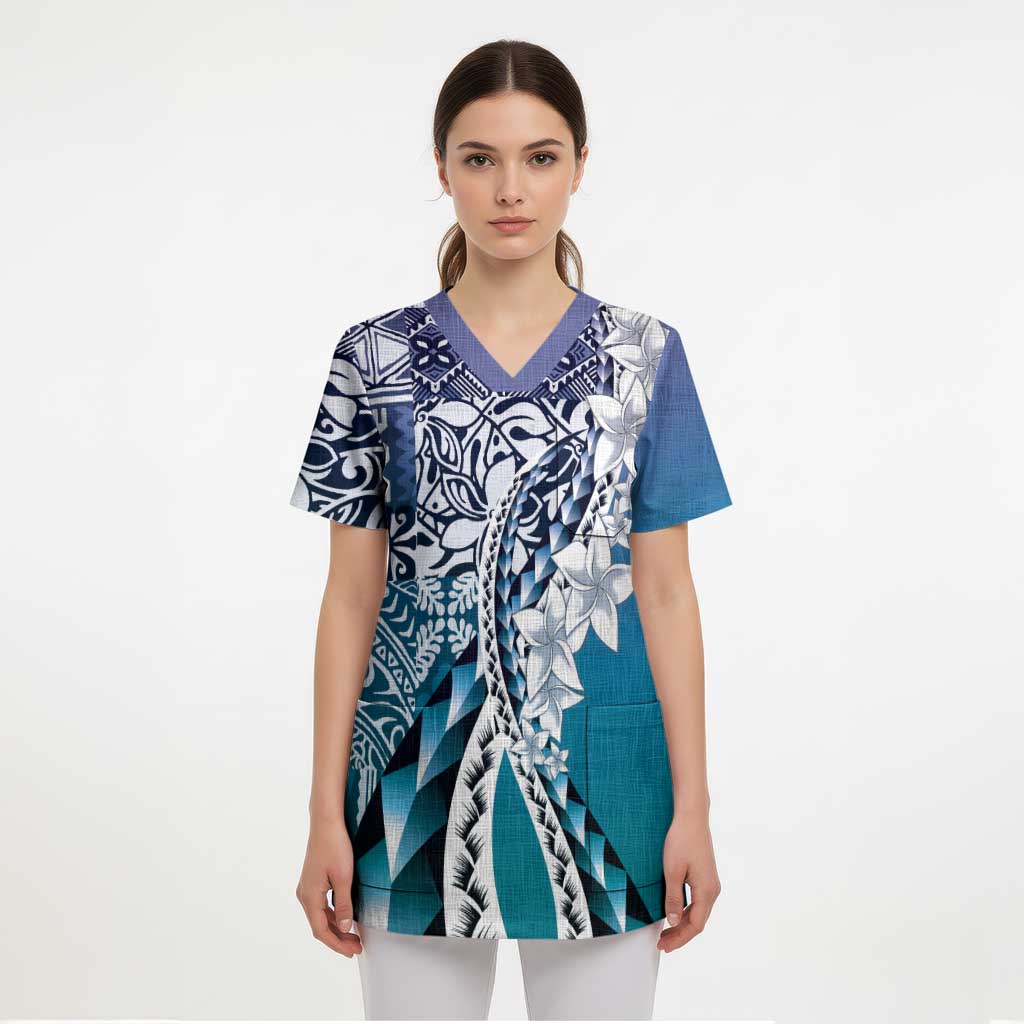 Aloha Vintage Plumeria Hawaiian Tapa Pattern Scrub Top Blue Hawaiian Tapa Pattern LT9 - Polynesian Pride