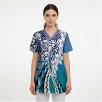 Aloha Vintage Plumeria Hawaiian Tapa Pattern Scrub Top Blue Hawaiian Tapa Pattern LT9 - Polynesian Pride
