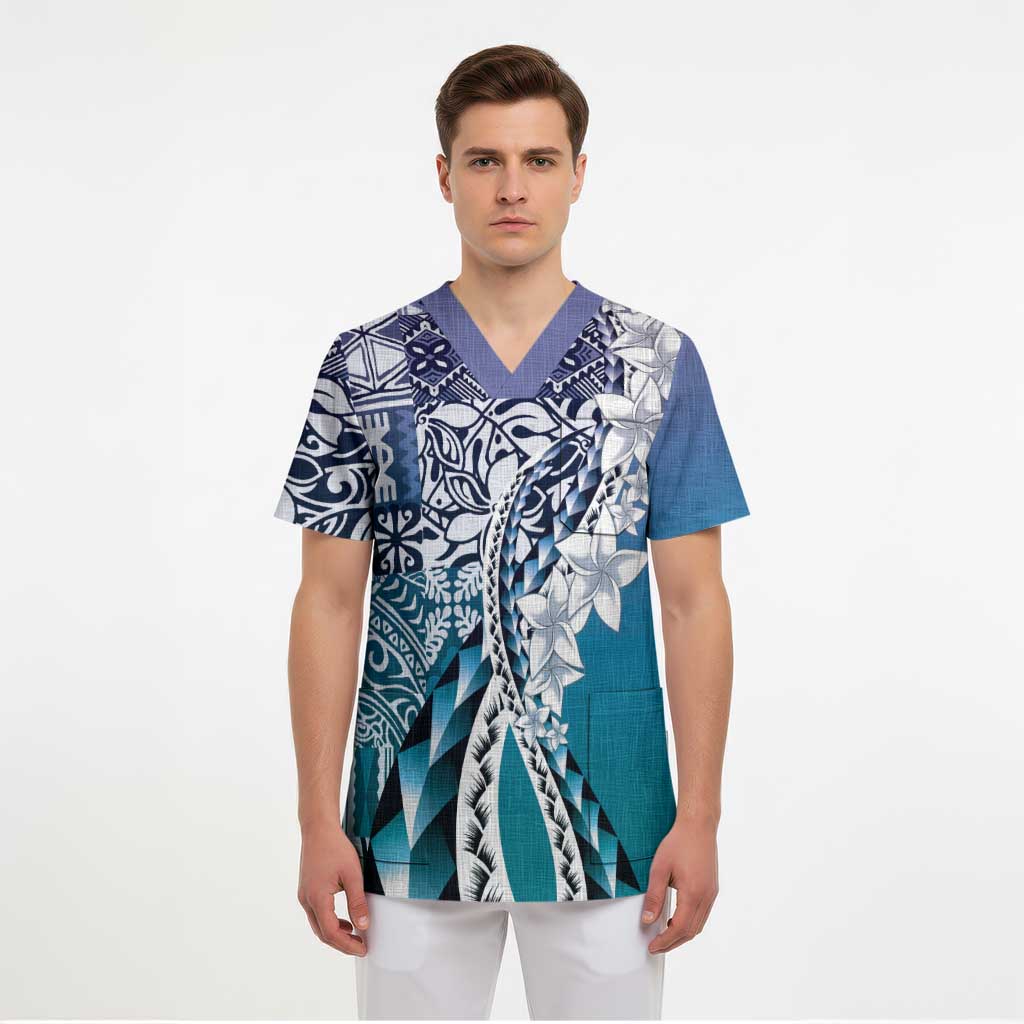 Aloha Vintage Plumeria Hawaiian Tapa Pattern Scrub Top Blue Hawaiian Tapa Pattern LT9 - Polynesian Pride