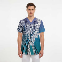 Aloha Vintage Plumeria Hawaiian Tapa Pattern Scrub Top Blue Hawaiian Tapa Pattern LT9 - Polynesian Pride