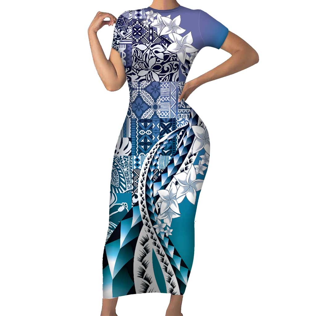 Aloha Vintage Plumeria Hawaiian Tapa Pattern Short Sleeve Bodycon Dress Blue Hawaiian Tapa Pattern LT9 Long Dress Blue - Polynesian Pride