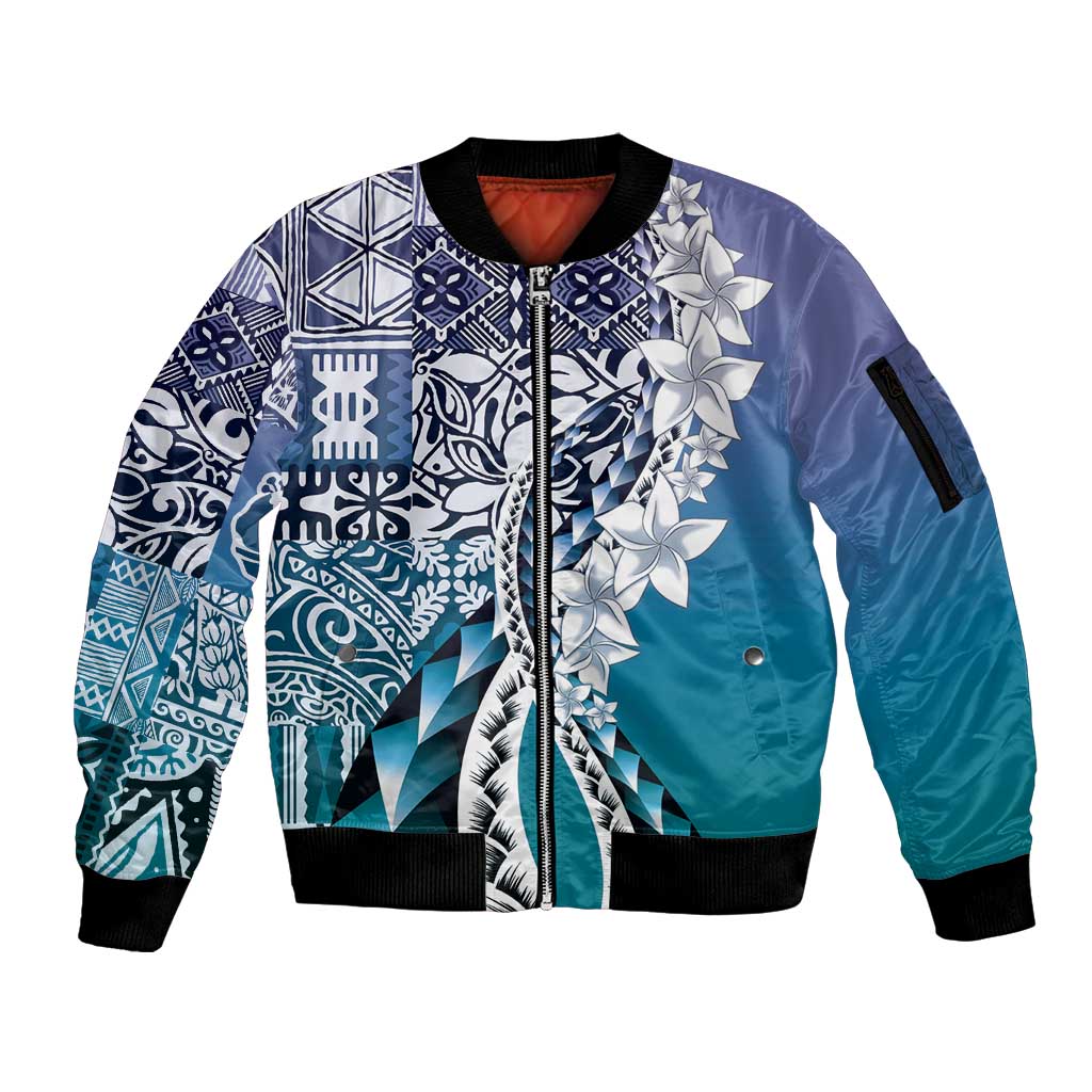 Aloha Vintage Plumeria Hawaiian Tapa Pattern Sleeve Zip Bomber Jacket Blue Hawaiian Tapa Pattern LT9 Unisex Blue - Polynesian Pride