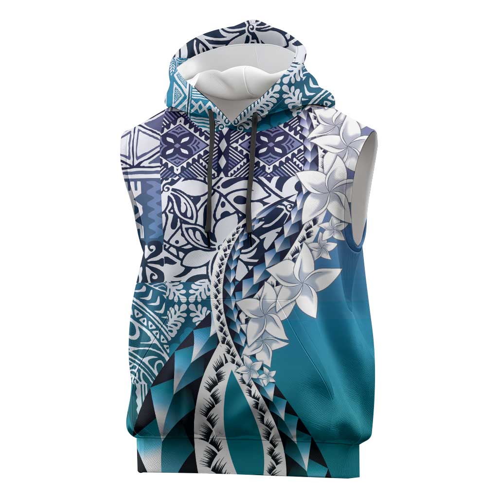 Aloha Vintage Plumeria Hawaiian Tapa Pattern Sleeveless Hoodie Blue Hawaiian Tapa Pattern LT9 Blue - Polynesian Pride