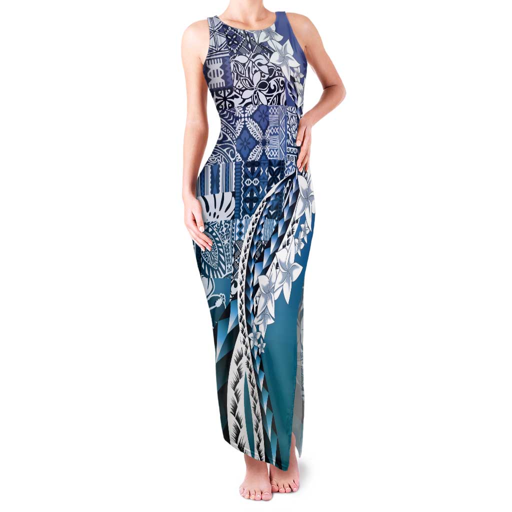 Aloha Vintage Plumeria Hawaiian Tapa Pattern Tank Maxi Dress Blue Hawaiian Tapa Pattern LT9 Women Blue - Polynesian Pride