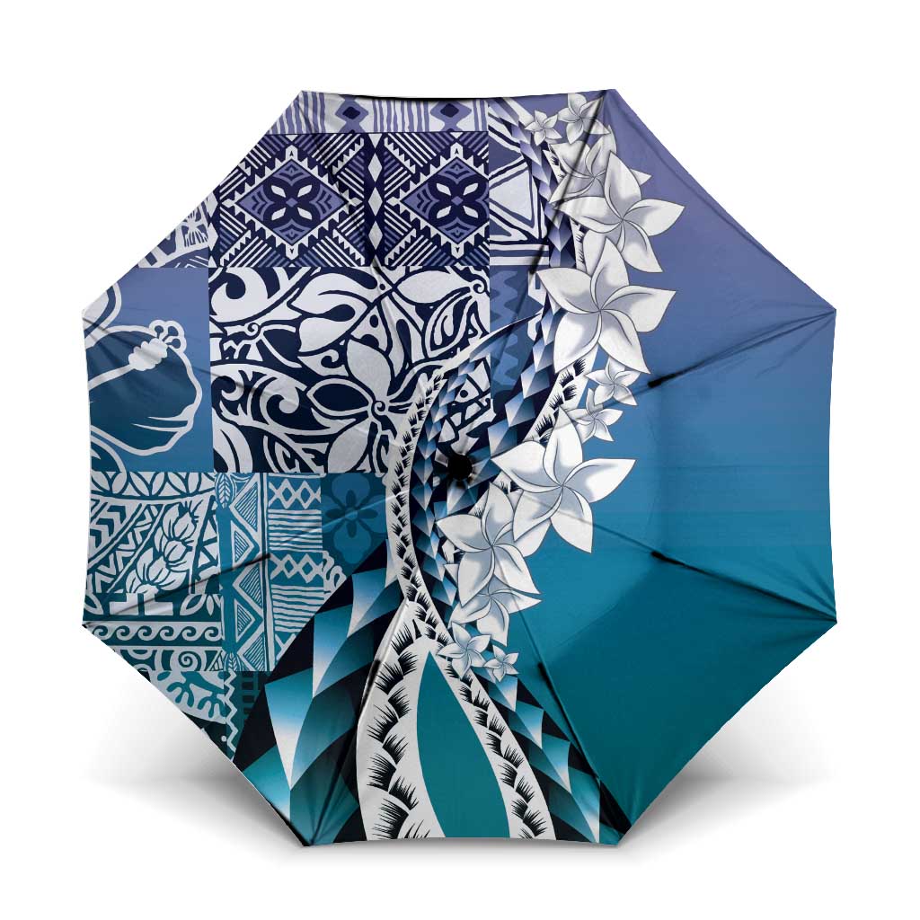 Aloha Vintage Plumeria Hawaiian Tapa Pattern Umbrella Blue Hawaiian Tapa Pattern LT9 One Size Folded 11.42 inch Opened Diameter 37.4 inch Blue - Polynesian Pride