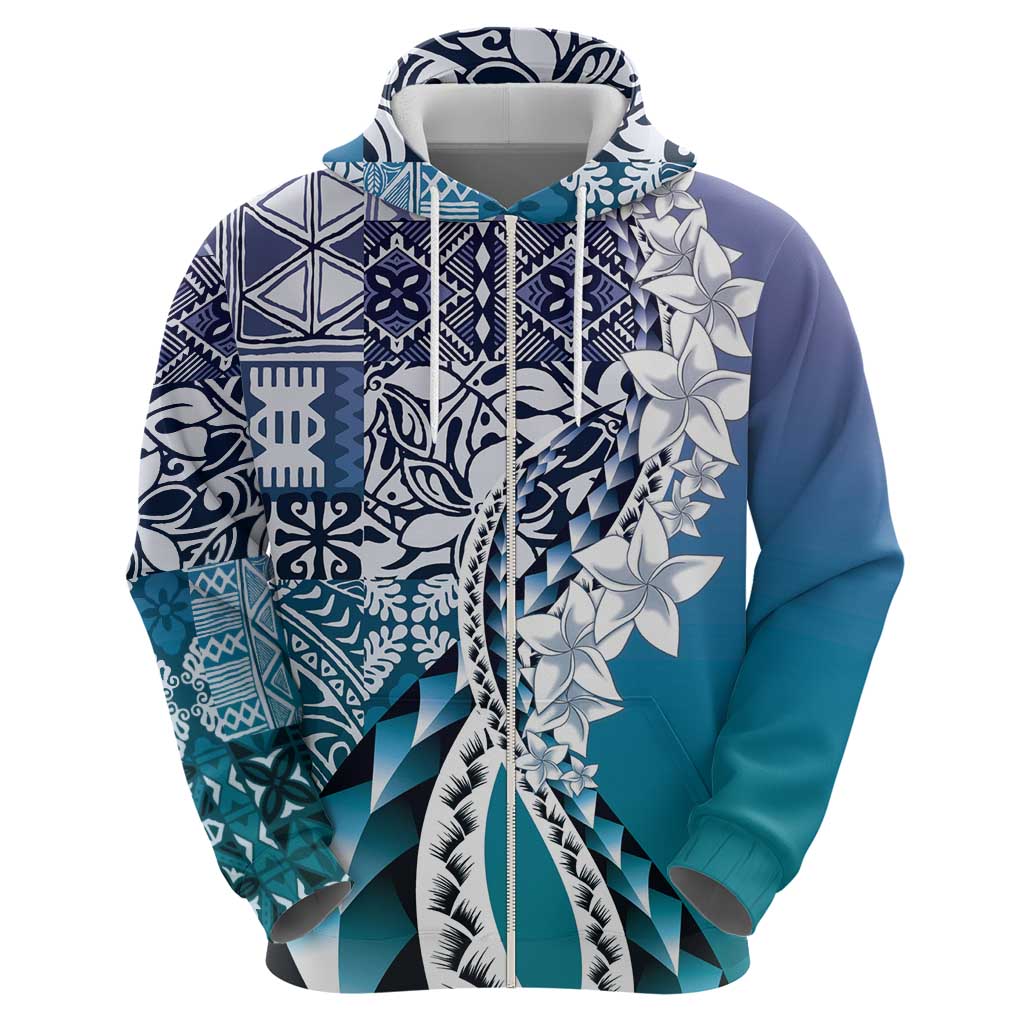 Aloha Vintage Plumeria Hawaiian Tapa Pattern Zip Hoodie Blue Hawaiian Tapa Pattern LT9 - Polynesian Pride