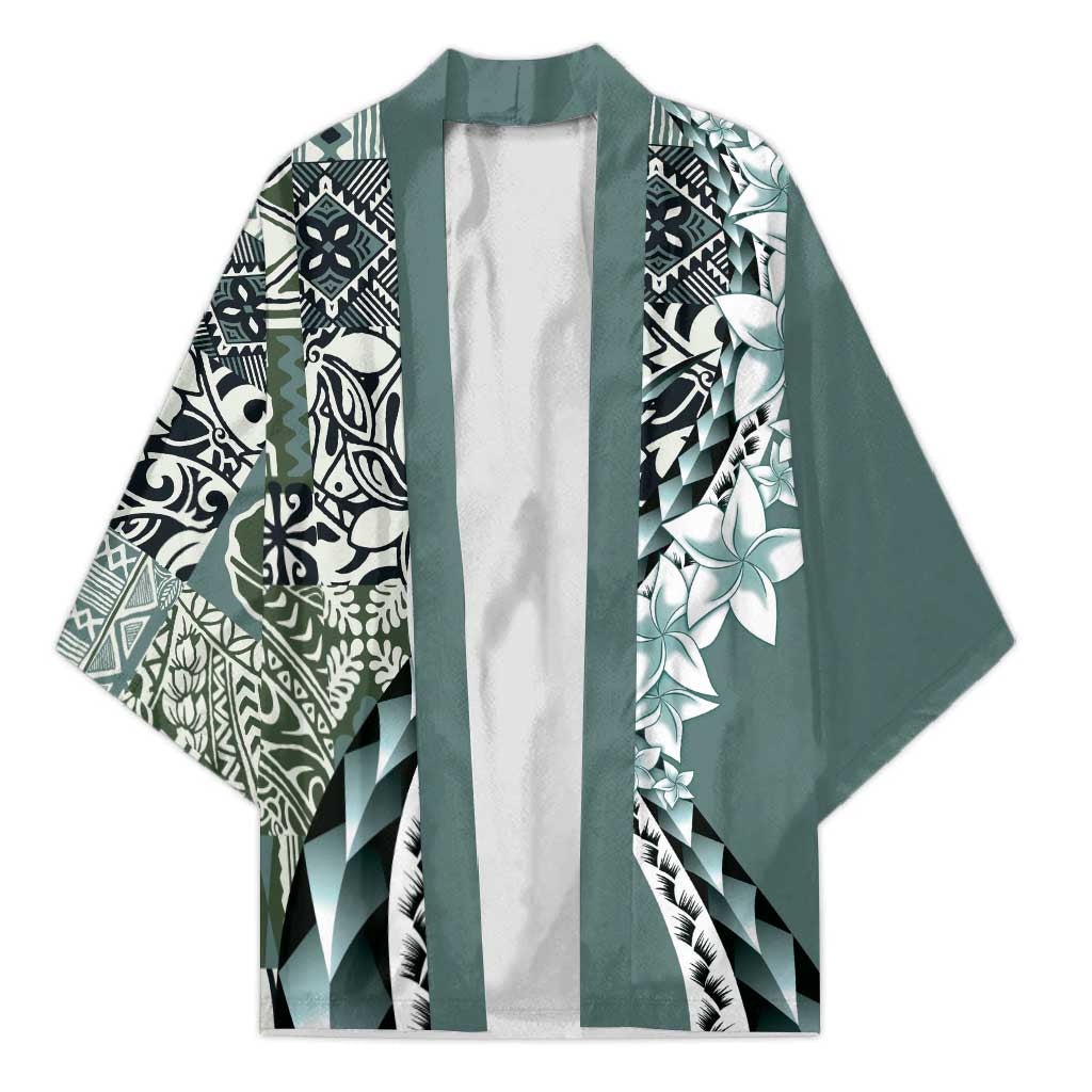 Aloha Vintage Plumeria Hawaiian Tapa Pattern Kimono Dark Turquoise Hawaiian Tapa Pattern LT9 Unisex Turquoise - Polynesian Pride