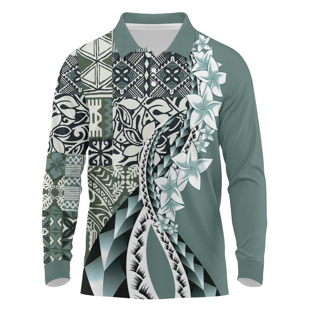 Aloha Vintage Plumeria Hawaiian Tapa Pattern Long Sleeve Polo Shirt Dark Turquoise Hawaiian Tapa Pattern LT9 Turquoise - Polynesian Pride