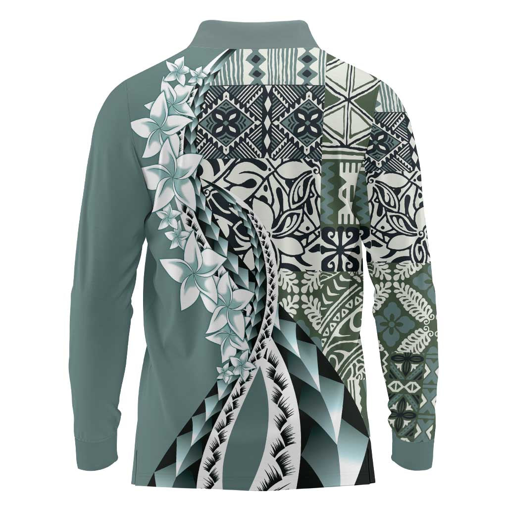 Aloha Vintage Plumeria Hawaiian Tapa Pattern Long Sleeve Polo Shirt Dark Turquoise Hawaiian Tapa Pattern LT9 - Polynesian Pride