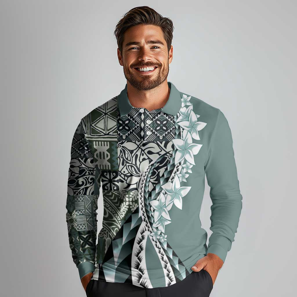 Aloha Vintage Plumeria Hawaiian Tapa Pattern Long Sleeve Polo Shirt Dark Turquoise Hawaiian Tapa Pattern LT9 - Polynesian Pride