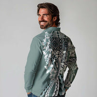 Aloha Vintage Plumeria Hawaiian Tapa Pattern Long Sleeve Polo Shirt Dark Turquoise Hawaiian Tapa Pattern LT9 - Polynesian Pride