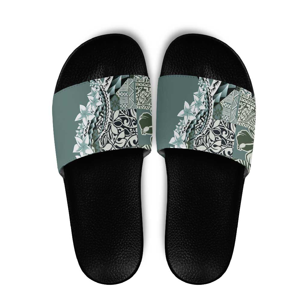 Aloha Vintage Plumeria Hawaiian Tapa Pattern Slide Sandals Dark Turquoise Hawaiian Tapa Pattern LT9 Turquoise - Polynesian Pride