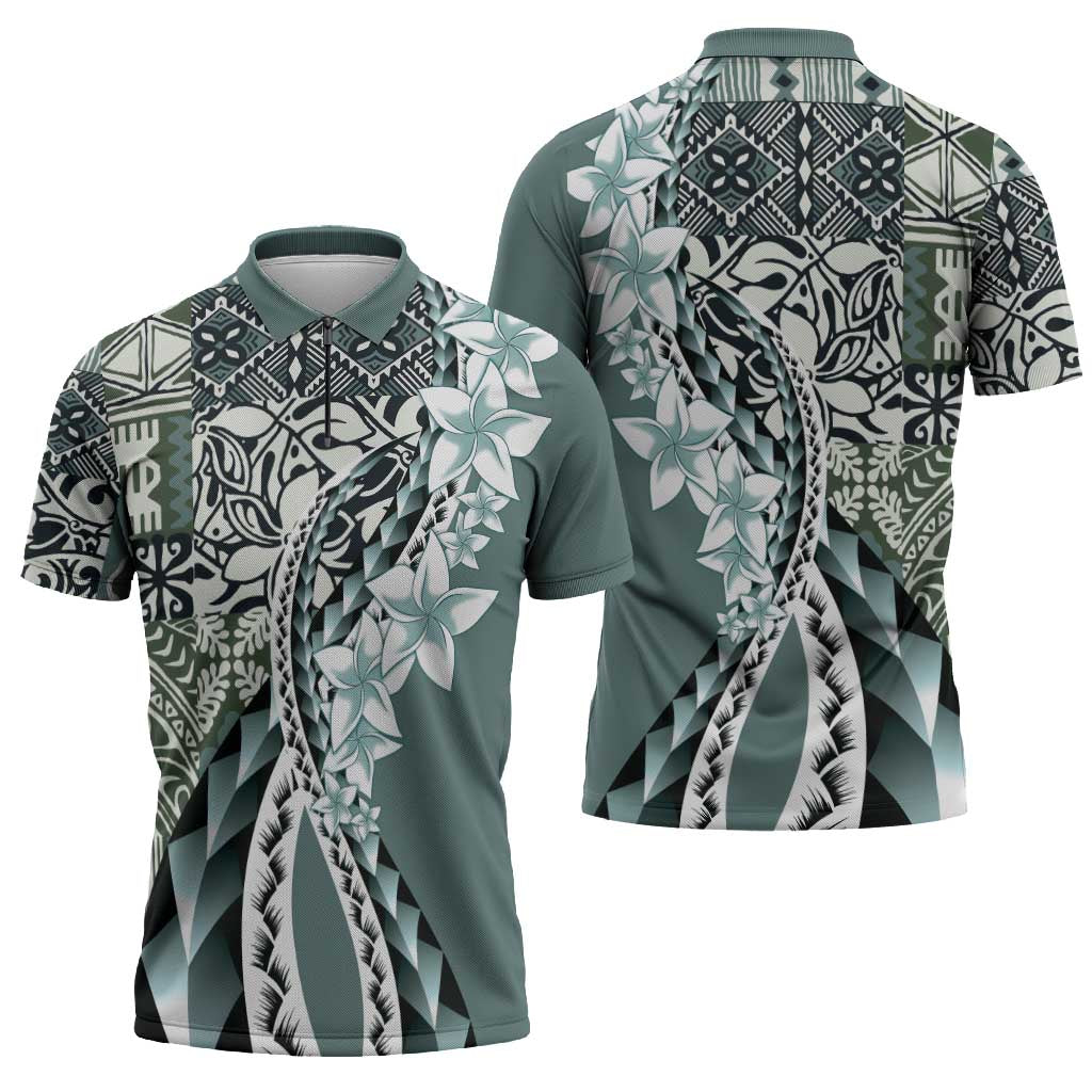 Aloha Vintage Plumeria Hawaiian Tapa Pattern Zipper Polo Shirt Dark Turquoise Hawaiian Tapa Pattern LT9 - Polynesian Pride