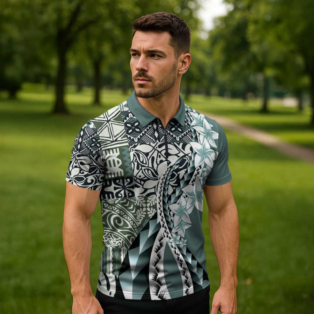 Aloha Vintage Plumeria Hawaiian Tapa Pattern Zipper Polo Shirt Dark Turquoise Hawaiian Tapa Pattern LT9 - Polynesian Pride