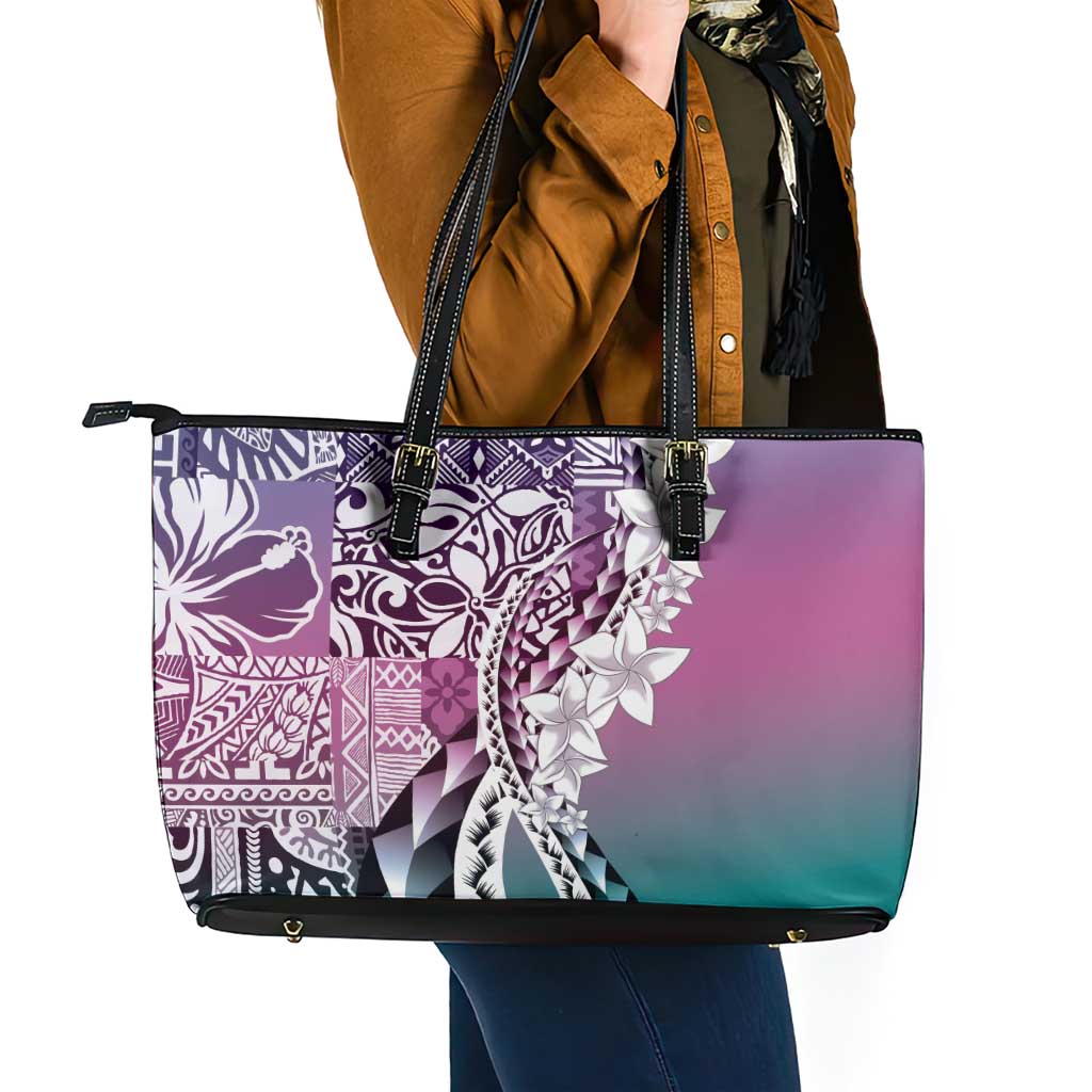 Aloha Vintage Plumeria Hawaiian Tapa Pattern Leather Tote Bag Gradient Hawaiian Tapa Pattern LT9 - Polynesian Pride