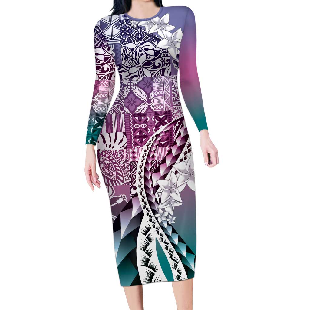 Aloha Vintage Plumeria Hawaiian Tapa Pattern Long Sleeve Bodycon Dress Gradient Hawaiian Tapa Pattern LT9 Long Dress Gradient - Polynesian Pride