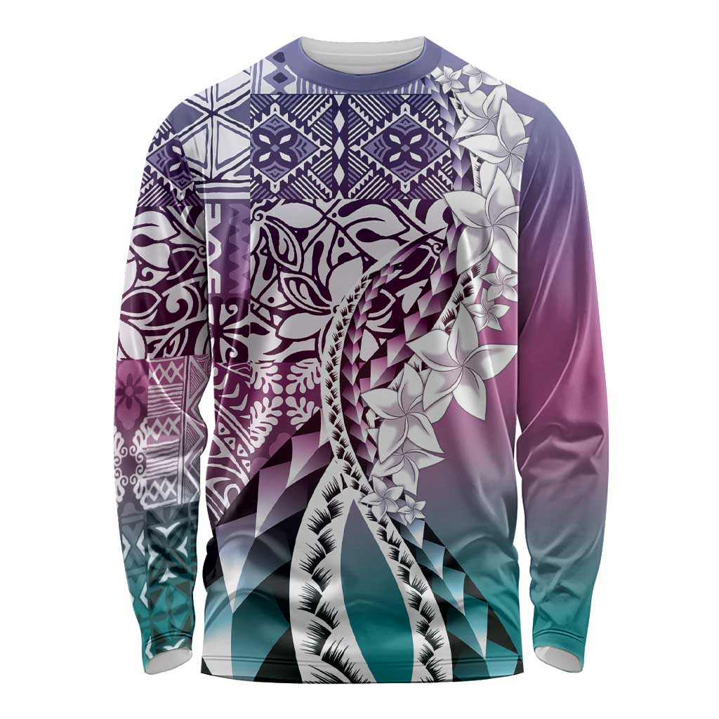 Aloha Vintage Plumeria Hawaiian Tapa Pattern Long Sleeve Shirt Gradient Hawaiian Tapa Pattern LT9 Unisex Gradient - Polynesian Pride