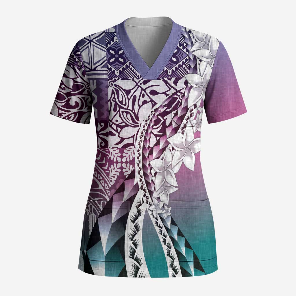 Aloha Vintage Plumeria Hawaiian Tapa Pattern Scrub Top Gradient Hawaiian Tapa Pattern LT9 Adult Gradient - Polynesian Pride