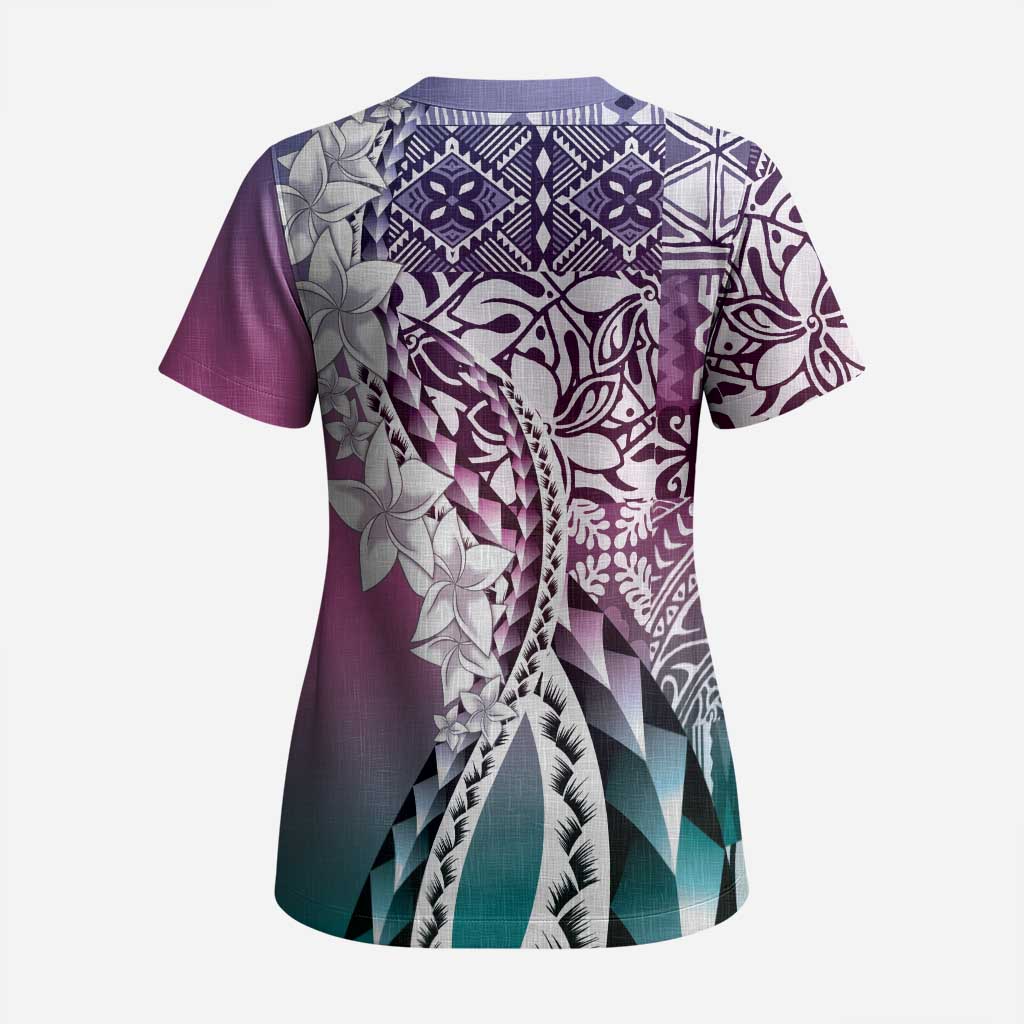 Aloha Vintage Plumeria Hawaiian Tapa Pattern Scrub Top Gradient Hawaiian Tapa Pattern LT9 - Polynesian Pride